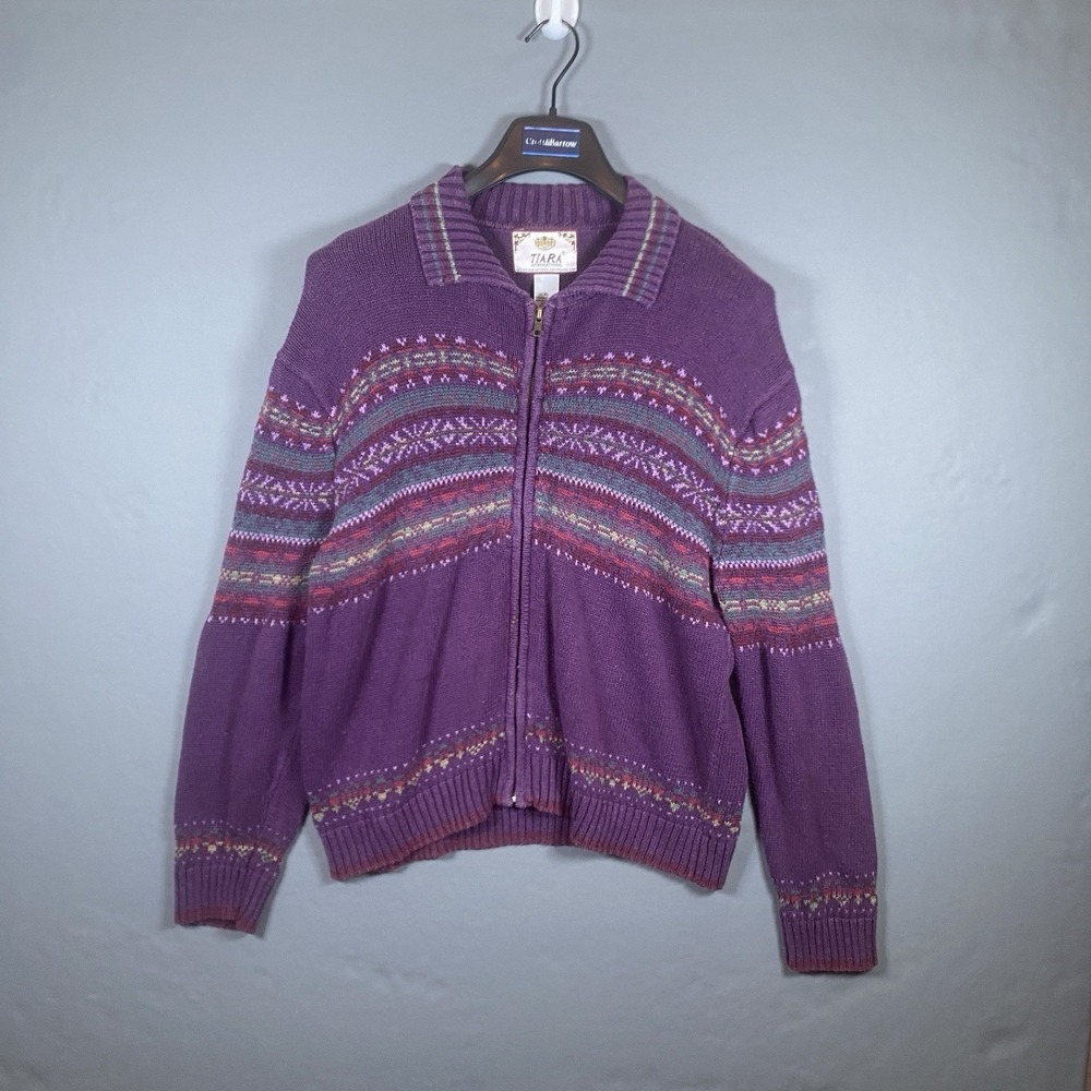 VTG Tiara International XL Purple Nordic Fair Isle Knit Ramie Cotton Zip Sweater